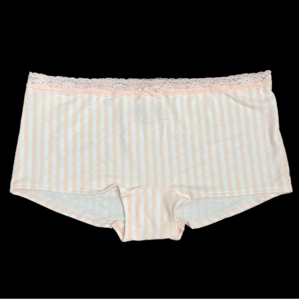 Victorias Secret Smooth Cotton & Lace Pink white Striped Boyshort Shortie L